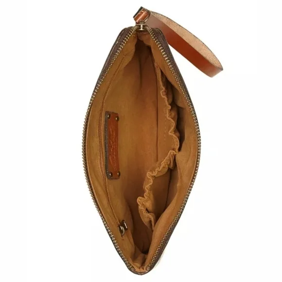 Patricia Nash Genuine Leather Embossed Floral Swirl Wristlet Clutch Bag - Brown